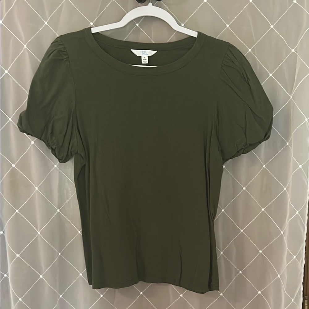 Time and Tru Green Puff Sleeve Fitted T-Shirt